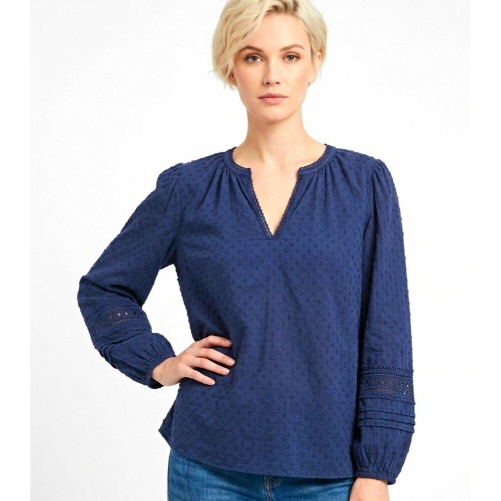 Womens Peasant Top 1X Blue dotted swiss lace trim puff slv hippie festival boho
